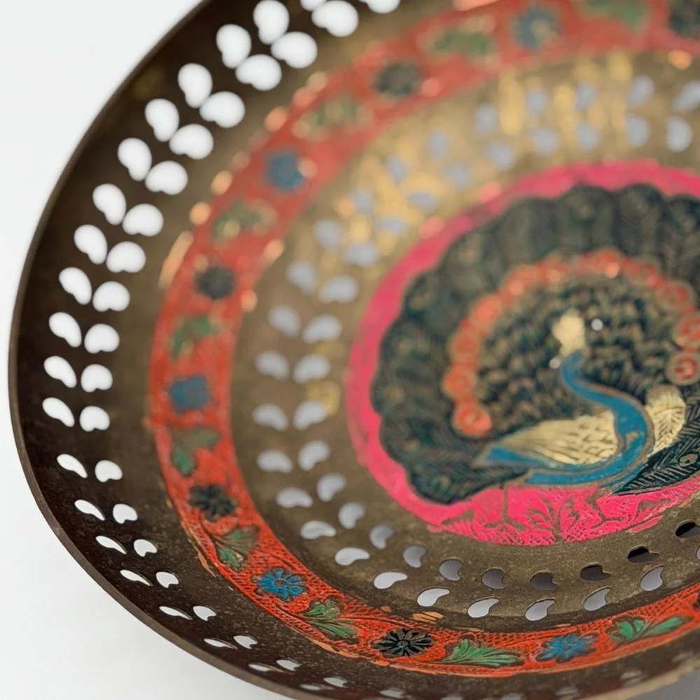 Vintage Enameled Brass Peacock Bowl Pierced Edges Hand Painted India 7.25in